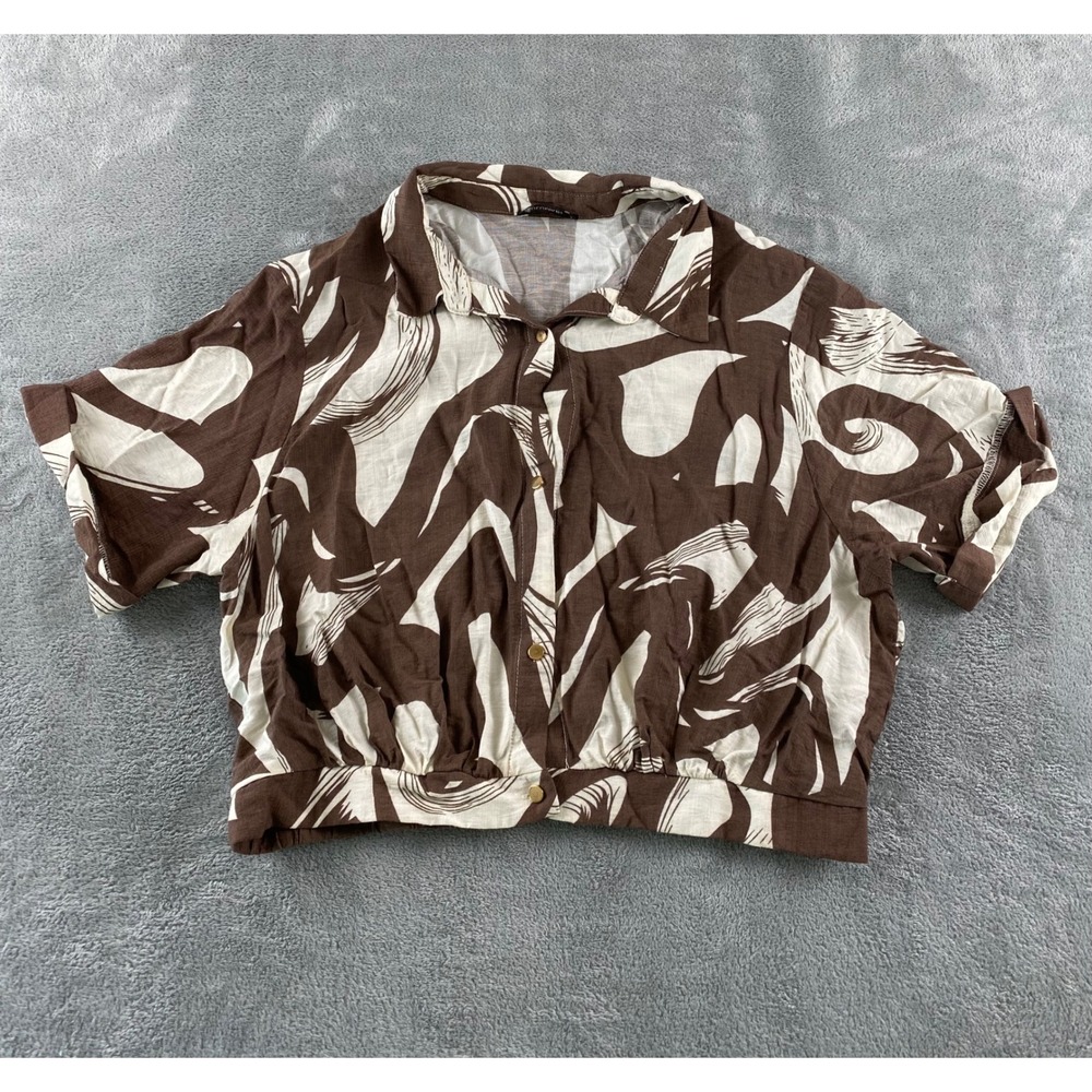 Lulumari Womens XL Brown Cream Abstract‎ Swirl Cropped Button Up Shirt Boho Top